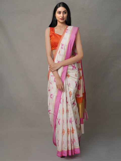 

Unnati Silks Women Cream-Coloured & Orange Woven Design Linen Blend Jamdani Saree