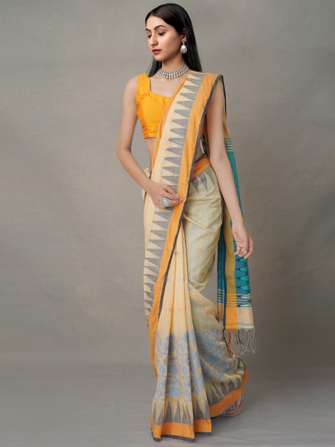 

Unnati Silks Beige & Blue Floral Pure Linen Jamdani Saree