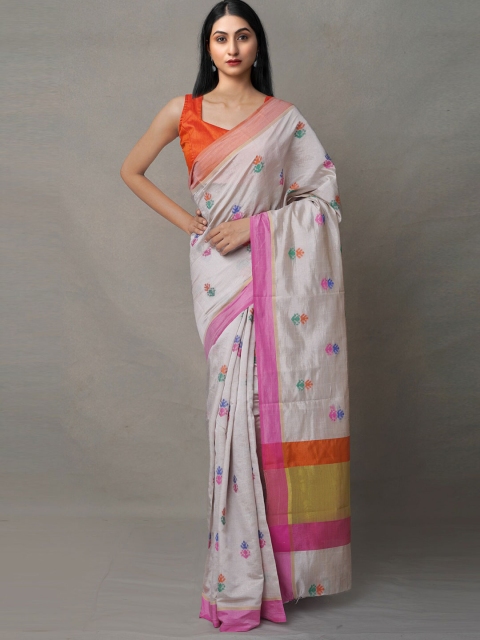 

Unnati Silks Cream-Coloured & Gold-Toned Woven Design Zari Linen Blend Jamdani Saree