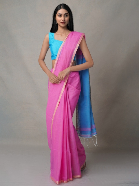 

Unnati Silks Pink & Turquoise Blue Zari Pure Cotton Jamdani Saree
