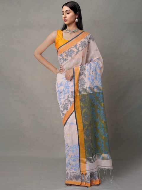 

Unnati Silks White & Yellow Woven Design Pure Linen Jamdani Saree