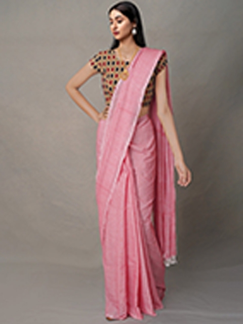 

Unnati Silks Pink Solid Pure Linen Handloom Jamdani Saree