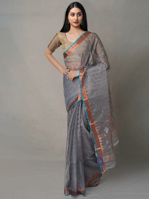 

Unnati Silks Grey & Gold-Toned Woven Design Zari Organza Jamdani Handloom Saree