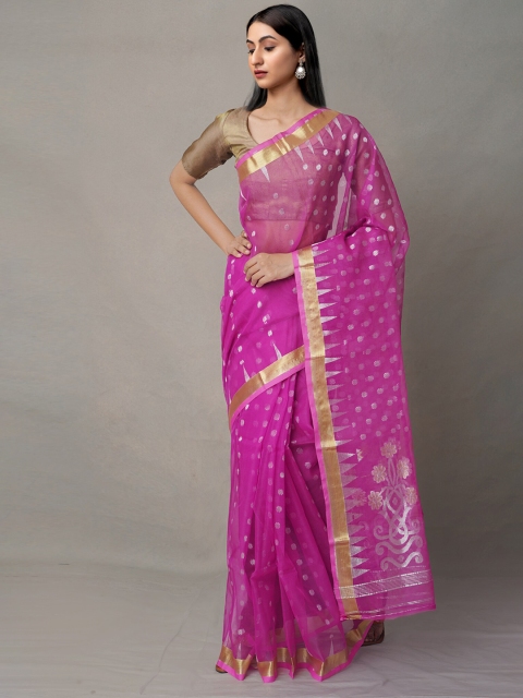 

Unnati Silks Pink & Gold-Toned Woven Design Zari Organza Jamdani Saree