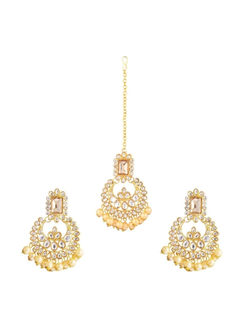 

Efulgenz Yellow Kundan Beaded Gold-Plated Maang Tika & Earrings