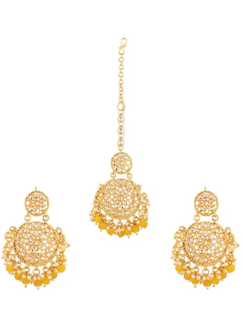 

Efulgenz Gold-Plated Yellow & White Kundan Studded Maang Tika & Earrings