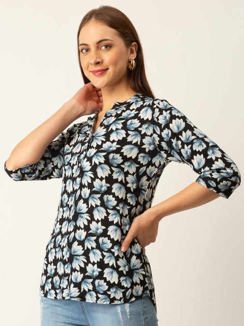 

ZOLA Black & White Viscose Rayon Mandarin Collar Printed Tunic