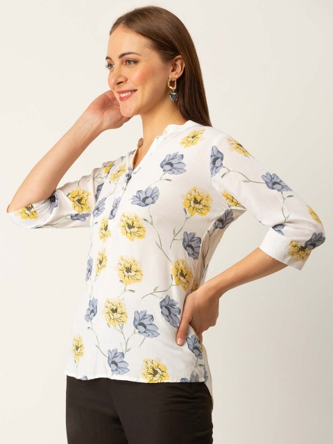 

ZOLA Cream-Coloured & Grey Viscose Rayon Mandarin Collar Printed Tunic