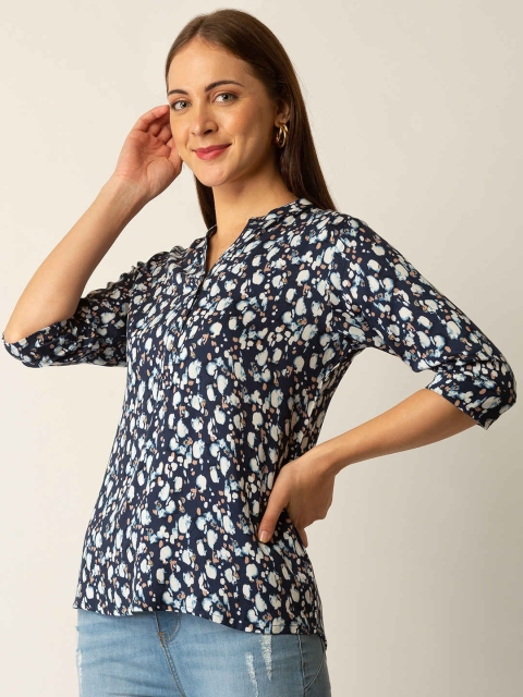 

ZOLA Navy Blue & Off White Viscose Rayon Mandarin Collar Printed Tunic
