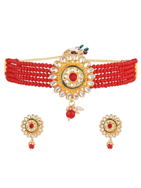 

Efulgenz Red Pearl Beaded women Choker Necklace Set