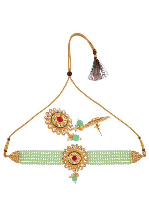 

Efulgenz Gold-Plated White & Lime Green Crystal-Studded & Pearl Beaded Jewellery Set