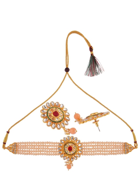 

Efulgenz Beige Gold-Plated Crystal Studded & Beaded Choker Jewellery Set