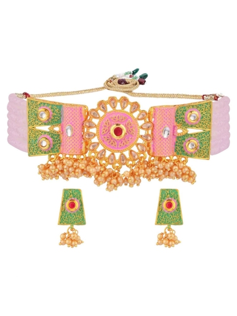 

Efulgenz Pink & Green Gold-Plated Pearl Beaded Enamelled Jewellery Set