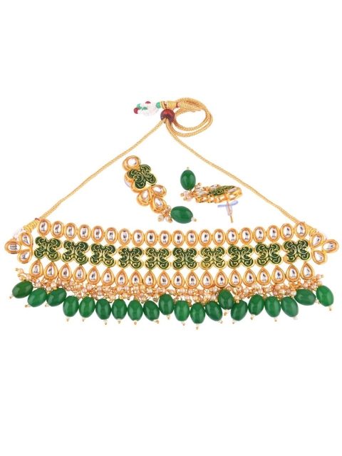 

Efulgenz Gold-Plated Green & White Stone-Studded Jewellery Set