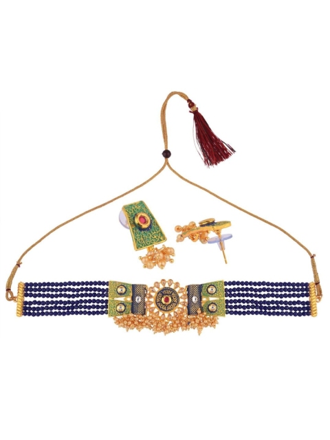 

Efulgenz Women Navy Blue & Gold-Plated Traditional Faux Pearl Jewellery Set