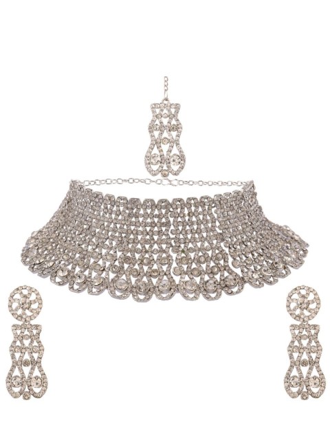 

Efulgenz Silver-Toned Stone Studded Bridal Choker Jewellery Set