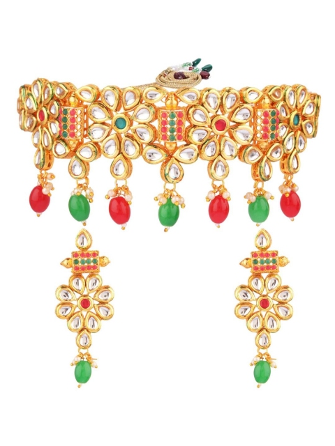 

Efulgenz Gold-Plated Green & Red Kundan Beaded Jewellery Set