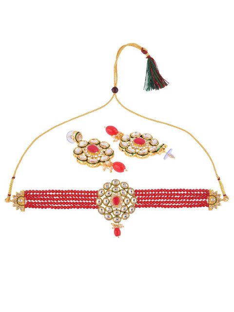 

Efulgenz Women Red & Gold-Toned Beaded Choker Jewellery Set