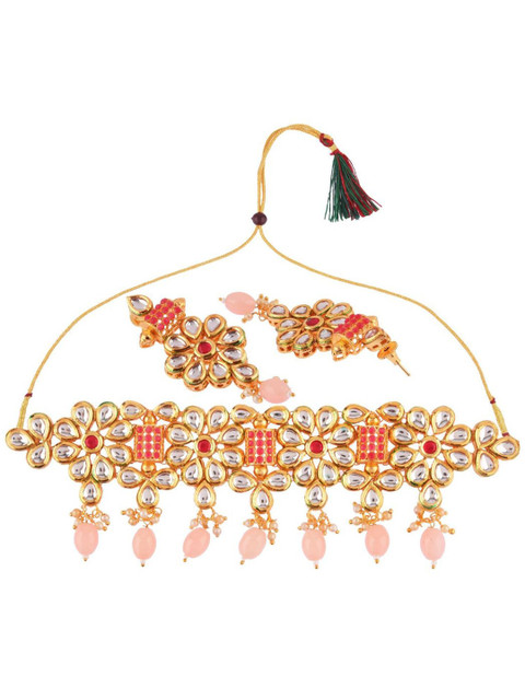

Efulgenz Women Peach & Gold-Toned Stone-Studded Bridal Jewelry Set