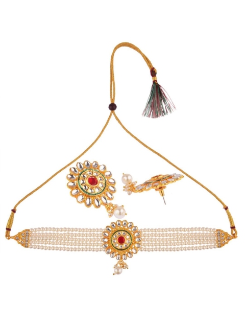 

Efulgenz Gold-Plated & White Crystal Stone Studded & Beaded Choker Jewellery Set