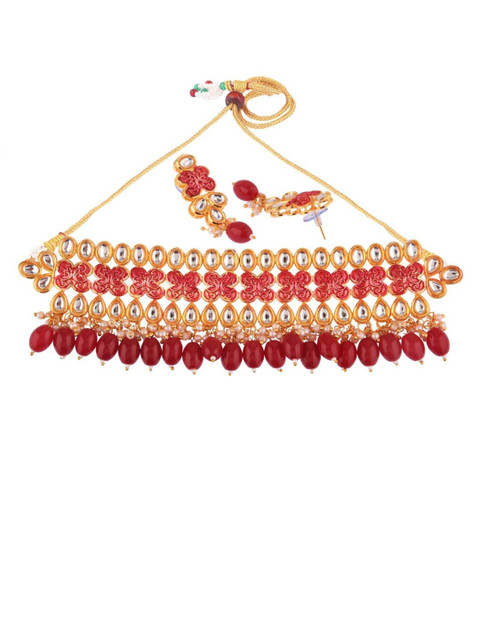 

Efulgenz Gold-Plated White & Maroon Crystal-Studded Bridal Jewellery Set