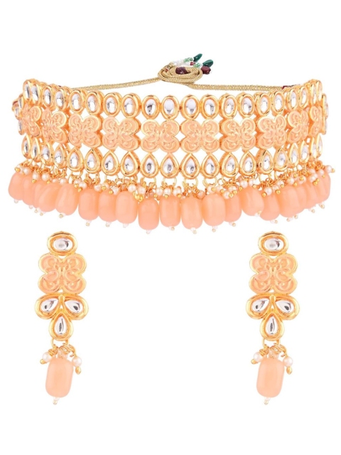 

Efulgenz Gold-Plated Peach-Colored & White Stone-Studded Jewellery Set