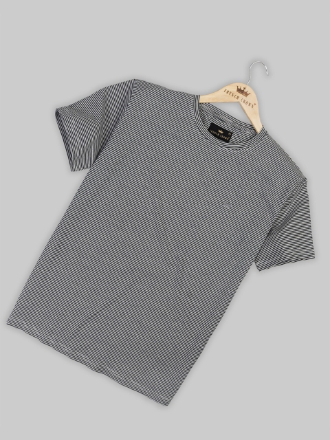 

FRENCH CROWN Men Navy Blue Striped Cotton T-shirt