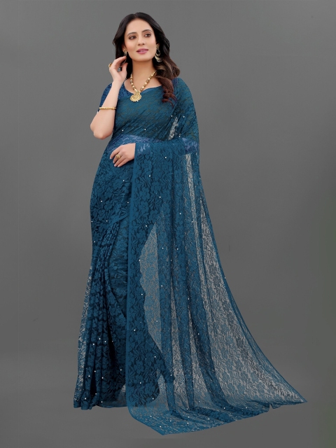 

Lady Style Turquoise Blue Floral Embroidered Net Tussar Saree