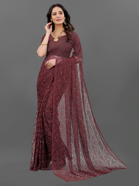 

Lady Style Brown Floral Embroidered with Embroidered border Net Tussar Saree