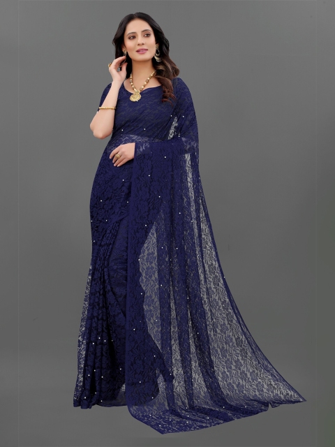 

Lady Style Navy Blue Floral Net Tussar Saree