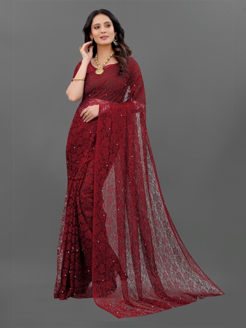 

Lady Style Women Maroon Floral Net Tussar Saree