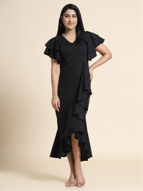 

KALINI Black Solid High Low Bodycon Midi Dress