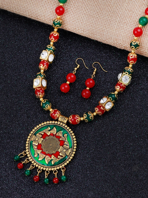 

Silver Shine Gold-Plated Green & Red Beaded Jewellery Set