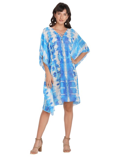 

Rajoria Instyle Blue & Cream-Coloured Tie and Dye Dyed Tie-Up Neck Georgette Ethnic Kaftan Dress
