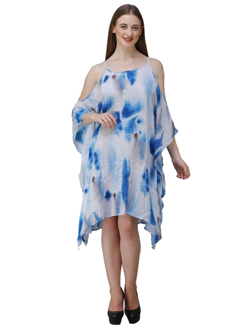 Rajoria Instyle Women White & Blue Tie and Dye Georgette Kaftan Dress