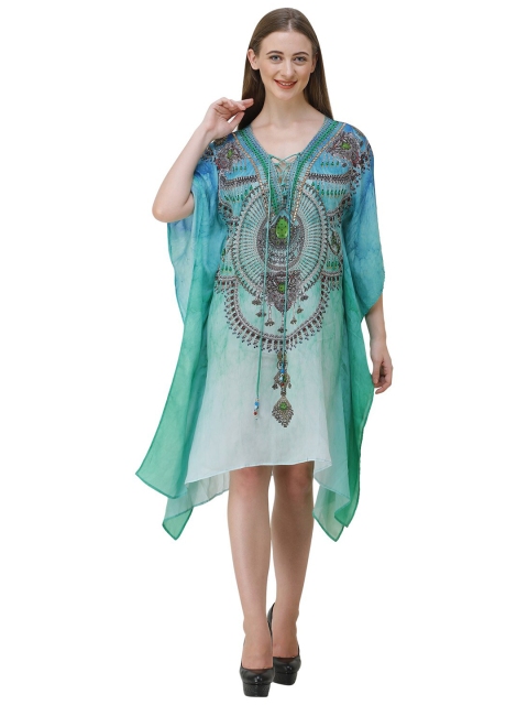 

Rajoria Instyle Sea Green & Blue Ethnic Motifs Georgette Kaftan Dress