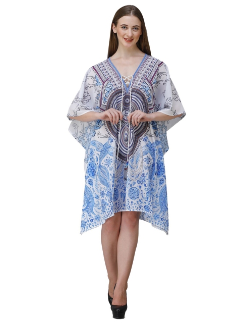 

Rajoria Instyle Women White & Blue Ethnic Motifs Printed Georgette Kaftan Dress