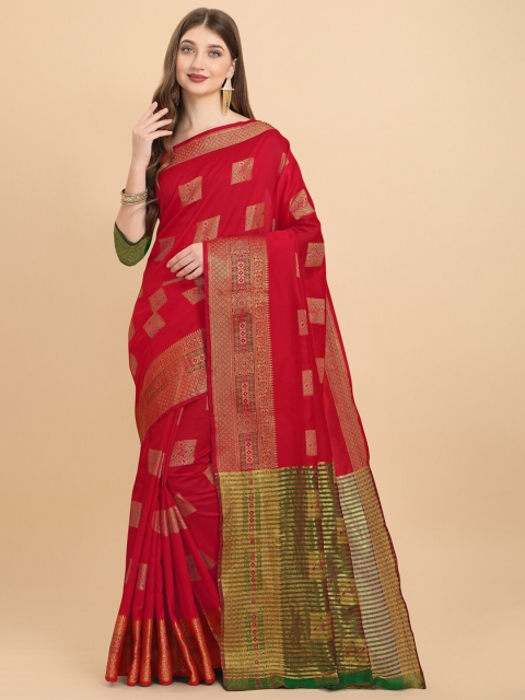 

ZIKARAA Red & Green Woven Design Zari Block Print Saree