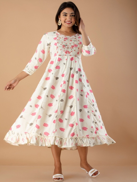 

RUHAZAT Women White Floral Printed Thread Work Anarkali Kurta
