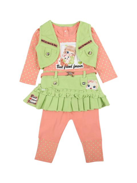 

V-Mart Unisex Kids Green & Peach Printed Pure Cotton T-shirt with Shorts
