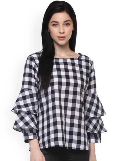 

Pannkh Women Black Checked Pure Cotton Top
