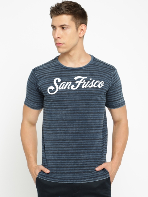 

SF JEANS by Pantaloons Men Blue & Black Striped Round Neck T-shirt