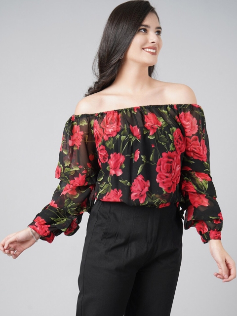 

DressBerry Women Black Floral Print Off-Shoulder Polyester Bardot Crop Top