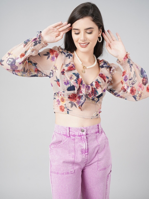 

DressBerry Beige Floral Print Ruffles Blouson Crop Top