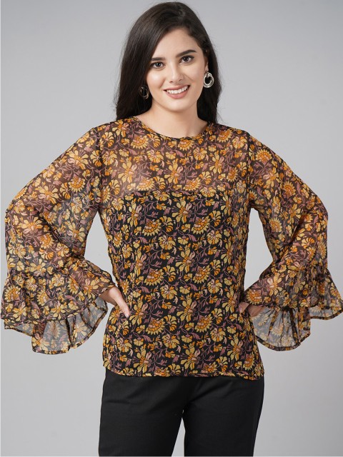 

DressBerry Brown Floral Print Chiffon Top