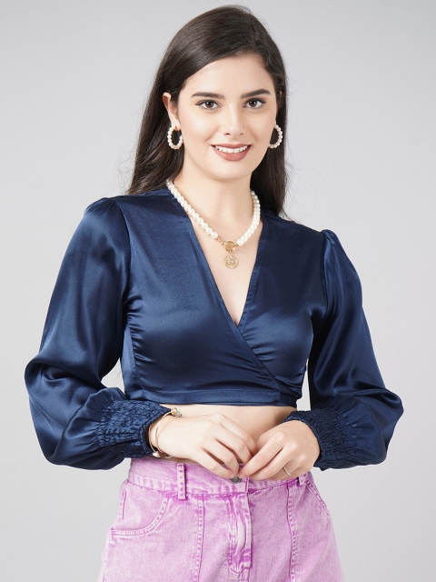 

DressBerry Women's Blue Bishop Sleeves Crop Polyester Top