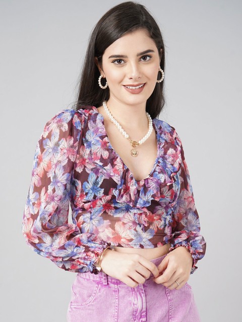 

DressBerry Purple Floral Print Sheer Crop Top