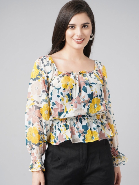 

DressBerry White & Yellow Floral Printed Georgette Cinched Waist Top