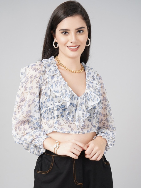 

DressBerry White & Blue Floral Print Ruffles Blouson Crop Top