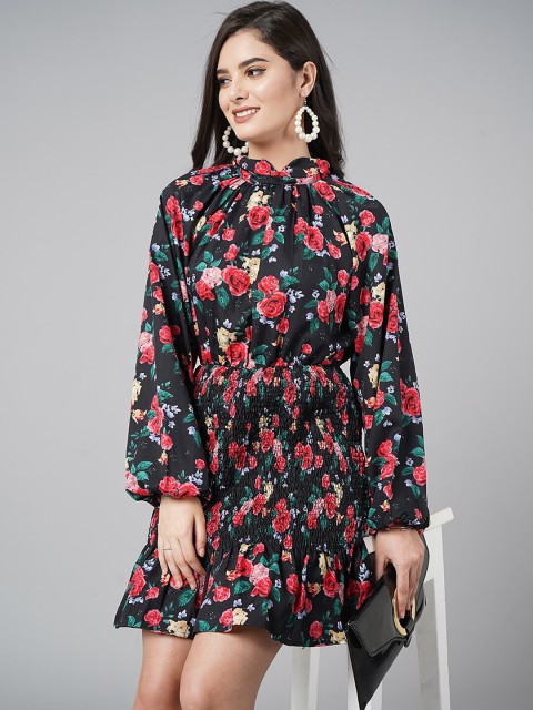 

DressBerry Black & Red Floral Printed Crepe Mini Dress